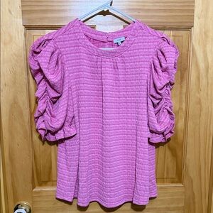 Voy Pink Ruched Puff Sleeve Women's Top, Size Large.